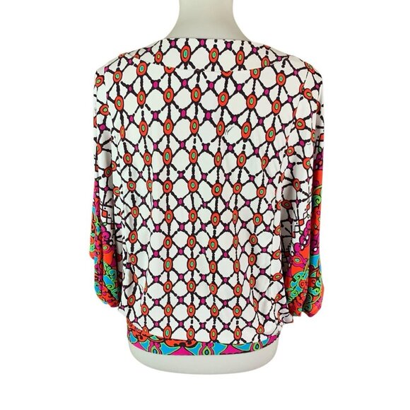 Trina Turk Geometric Print V Neck Short Sleeve Blouse Boho Retro Top Small Swim - Picture 3 of 4